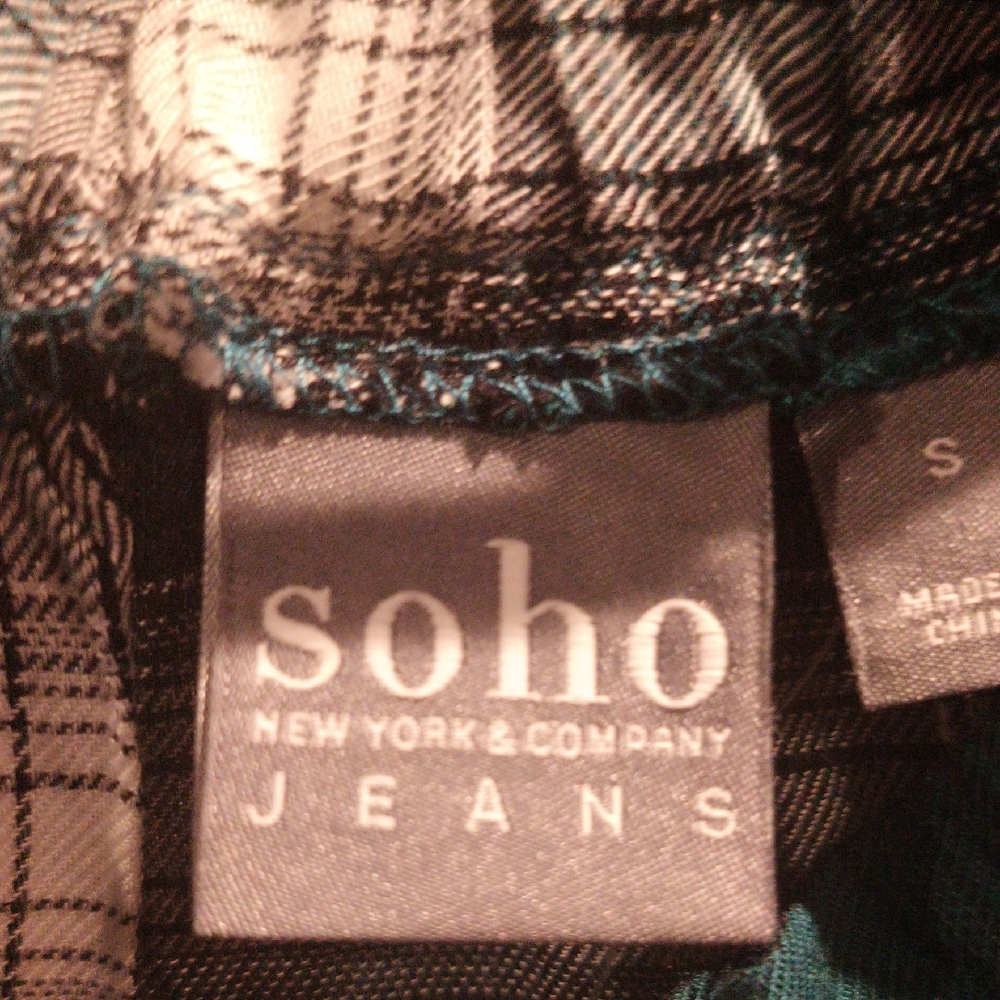 Soho JEANS New York & Company Green Black &:White Plaid Blouse Size Small